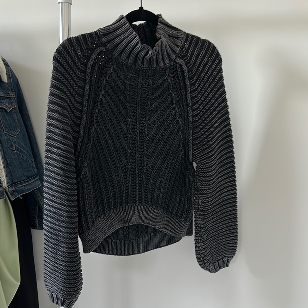 Free People Black Cowl Neck Sweater with Chevron Ribbing